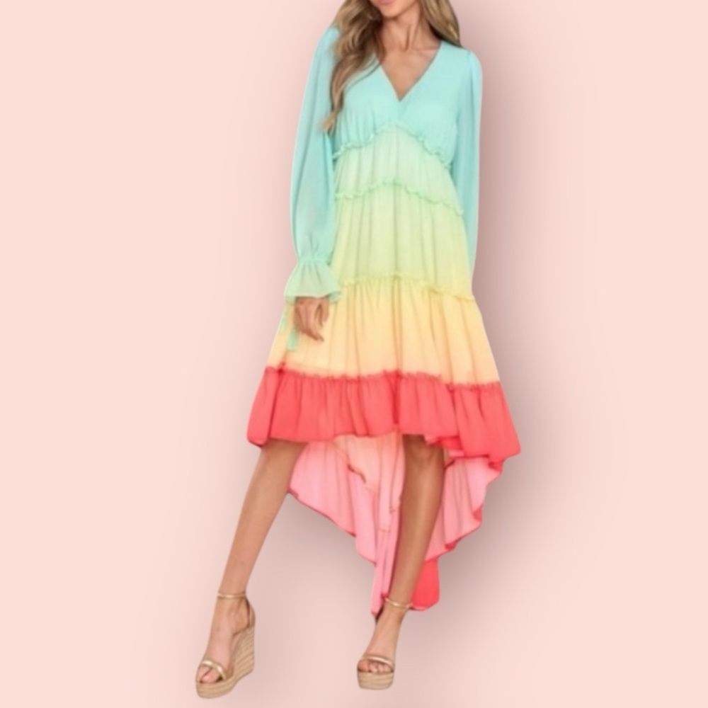 CHAMPAGNE & STRAWBERRY Tiered Rainbow High Low Dress